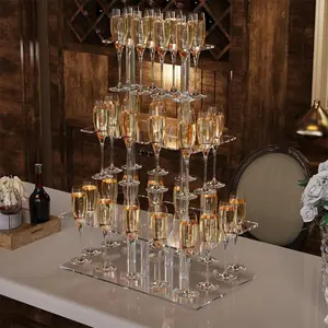 Three-Tier Acrylic Champagne Tower Display Stand, 32 Slots, Polished Finish, Elegant Floating Wine Rack for Parties, Weddings, Celebrations