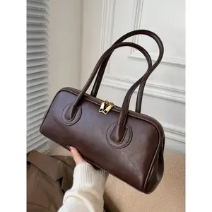 Women's Solid Color Double Zipper Baguette Bag, Fashionable PU Leather Shoulder Bag for Daily Used, Casual Trendy Versatile High-quality Daily Commuting Bag