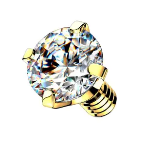 Gold PVD Prong Clear CZ Stainless Steel Internally Threaded Top