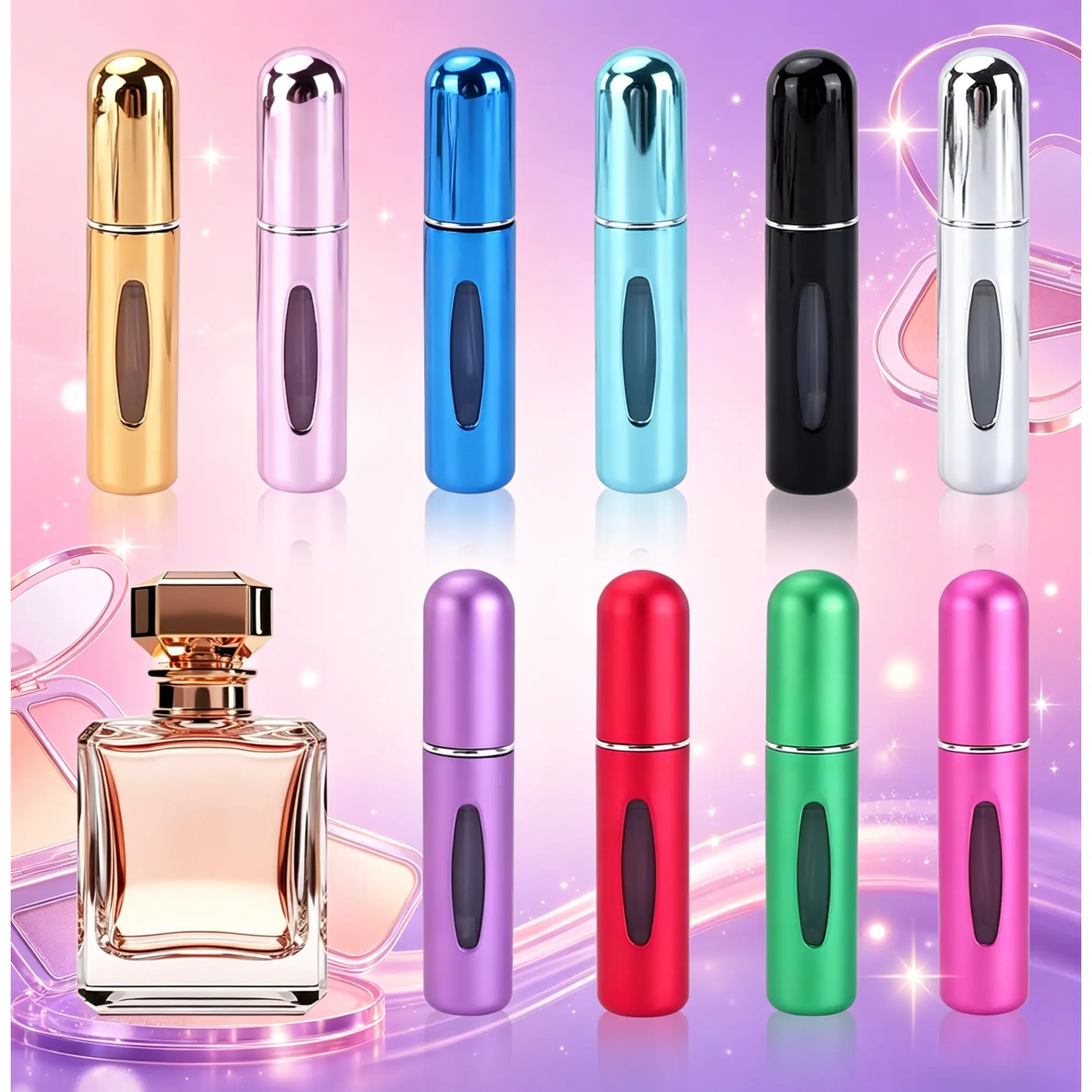 [HUOMAQFAN] 10Pcs 5ml Lightweight Transparent Aluminium Mini Perfume Atomizer Bottles - Portable Refillable Empty Fragrance Containers with Modern Polypropylene Multicolor Storage Cases for Travel, Window Display