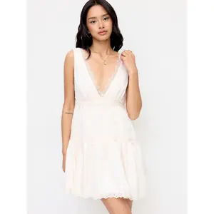 Cider V-neck Lace Panel High Rise Flared Mini Dress