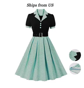 Women's polka dot summer dress with fashionable and elegant V-neck mid length skirt, retro style suitable for parties, weddings or friend gatherings, women's clothing Fit Green Womenswear Overall