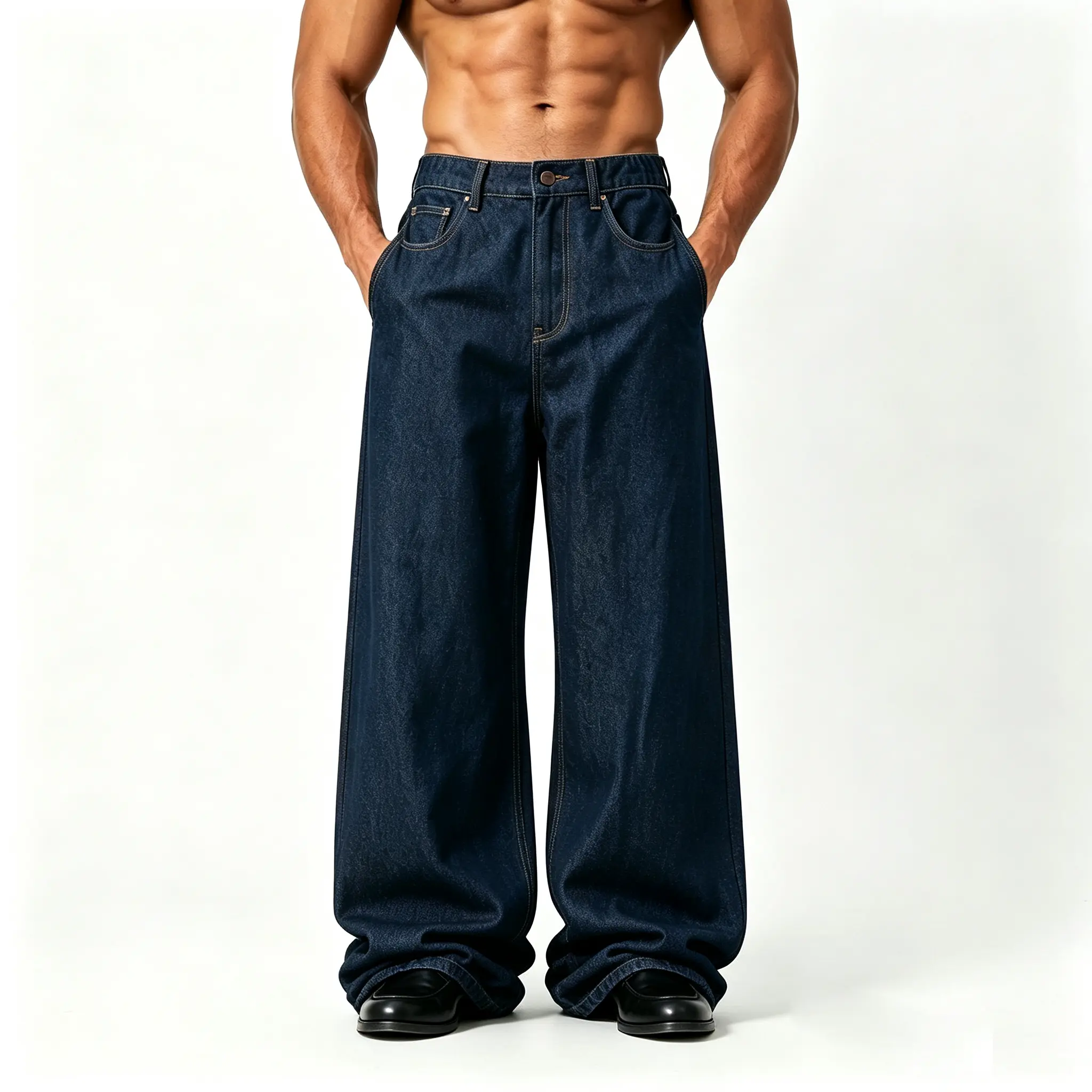 Menswear Cotton Classic Long Vintage Solid-Color Washed High-Waisted Oversized Wide-Leg Jeans - Loose Drape, Floor-Length, Versatile Casual Dad Pants