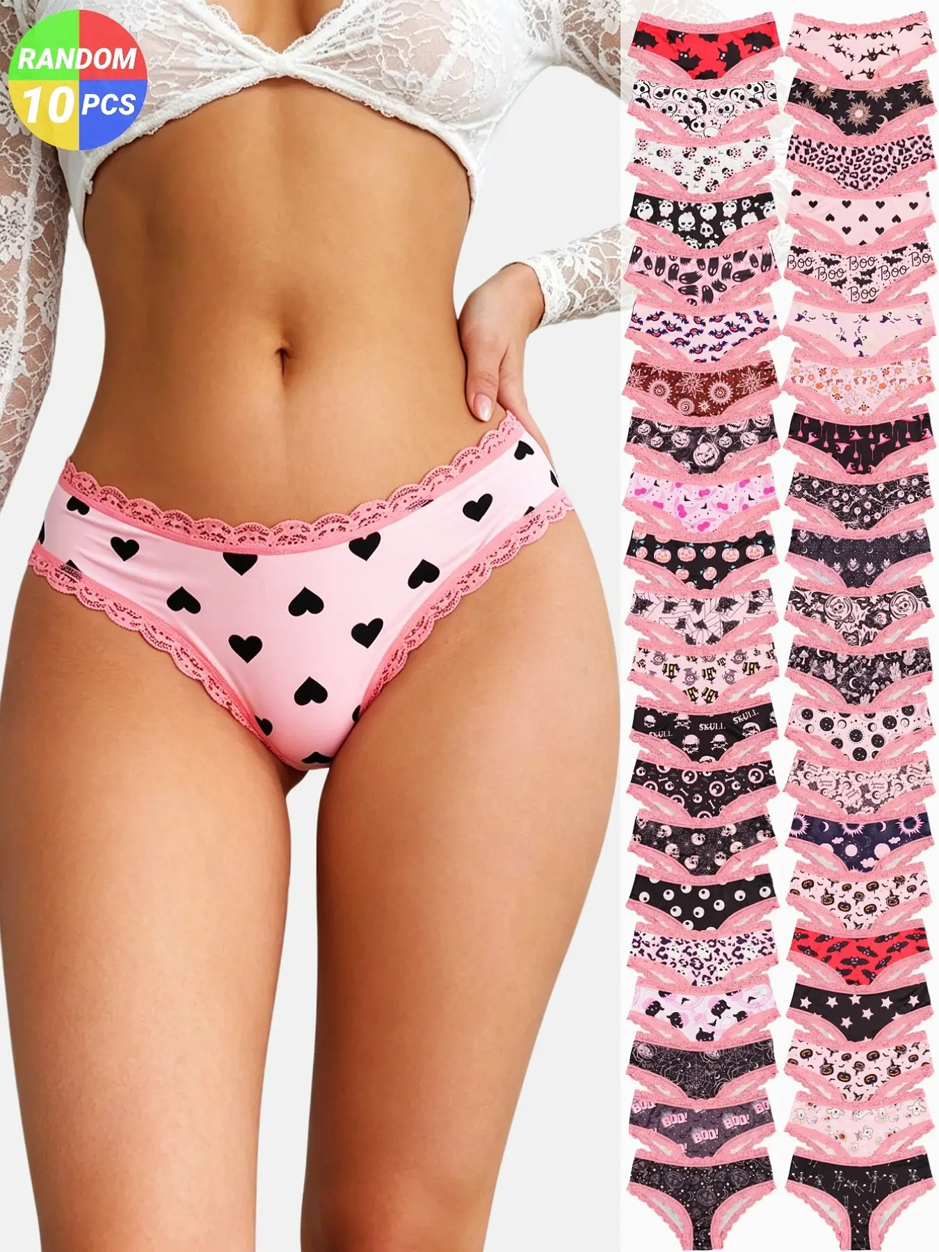 10-Pack Women's Random Print Panties Blind Box! Sexy Low Waist Lace Briefs Soft & Stretchy Elastic Undergarments Soft Fit Panty Casual Soft Panties Knitted Stretch Underwear