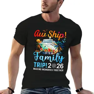 Aw Ship It's a Family Trip 2026 Cruise Vacation Making Memories 100% Cotton T-Shirt Fitted Short Sleeve Crew Neck Casual Slogan Family Travel Apparel Grunge Graphic Album Eat Sleep Goon Repeat 67 Rifle pineapple Vintage In Utero Tee Skull Classic Men's