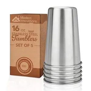 16 Ounce Stainless Steel Pint Cups - Stackable Pint Cup Tumblers For Travel – Metal Cups For Drinking Outdoors - 16 Oz Reusable Steel Cups - 5 Pack