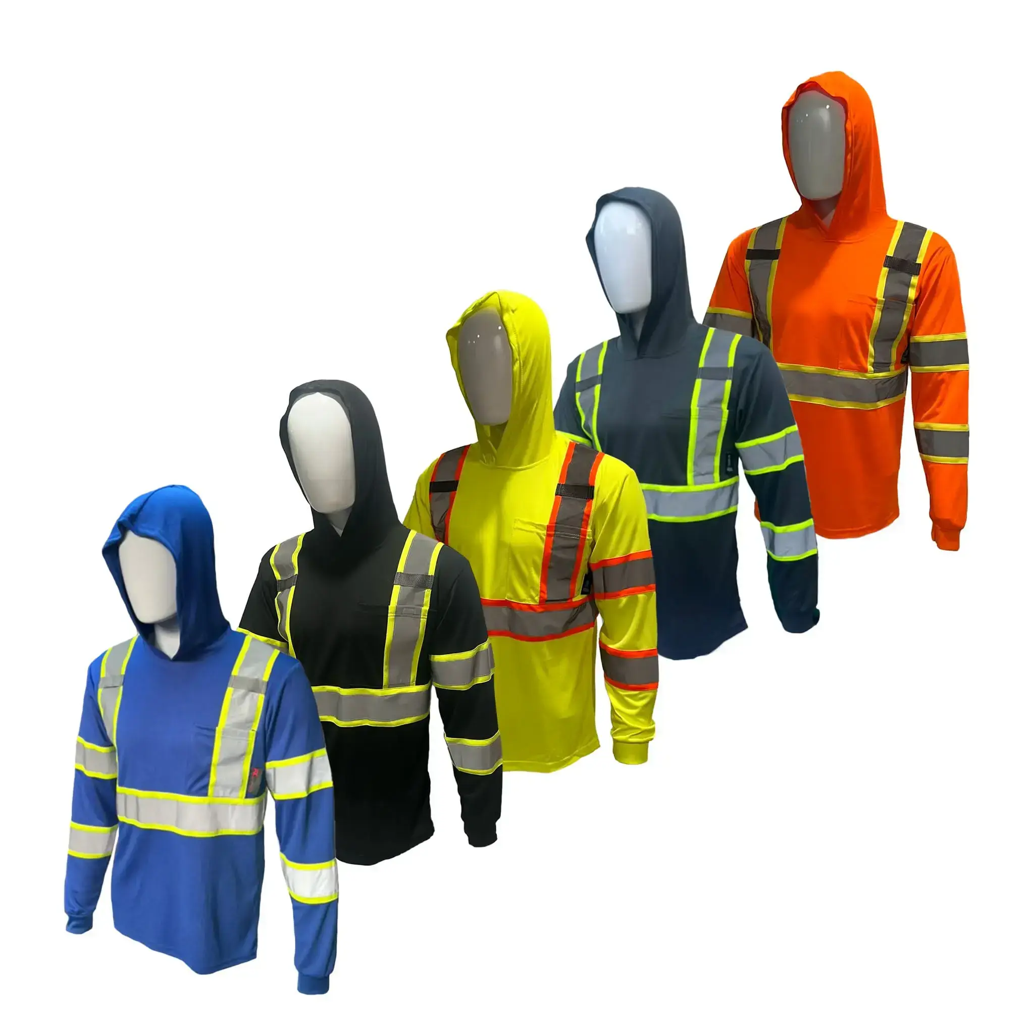 (New)5-piece shirt set with high visibility hoodie, long sleeved safety shirt, and polyester mesh hoodie in various colors