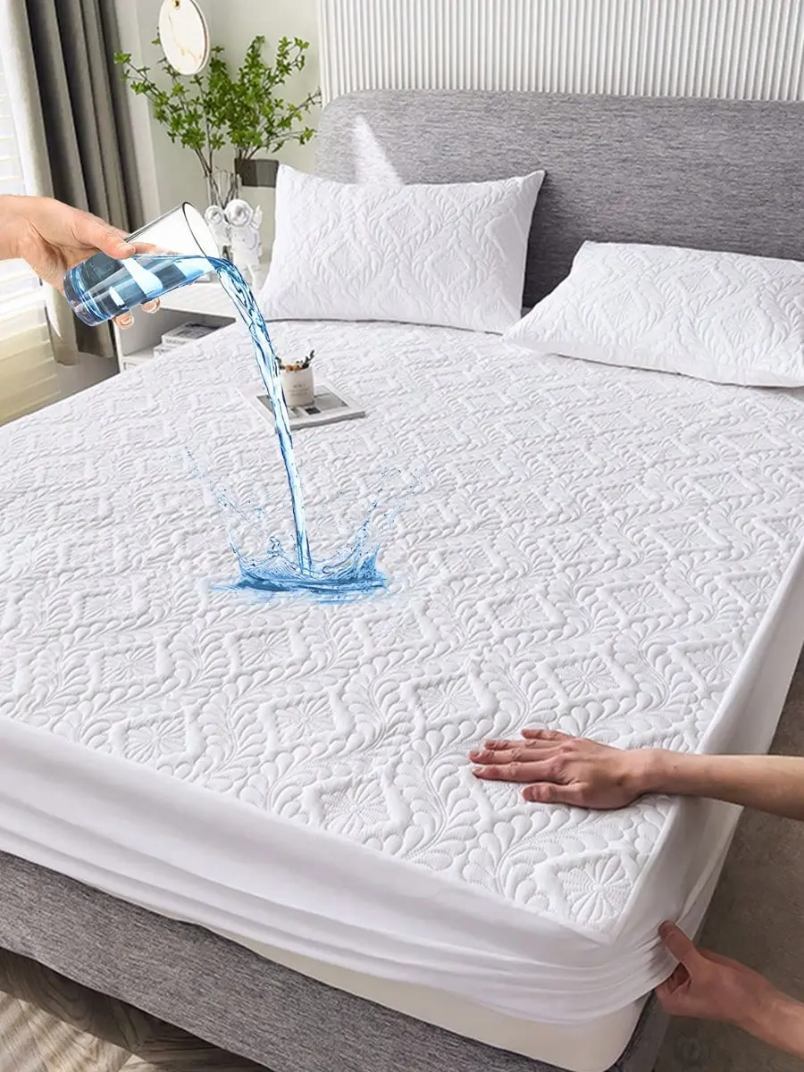 1PC 30cm Deep Fitted Single Sheet - Polyester Flat Weave Woven, Black Floral Print, Ultrasonic Stitching, Waterproof Barrier, Breathable Durable Bedding, Wash Free, Machine Washable Bed Covering