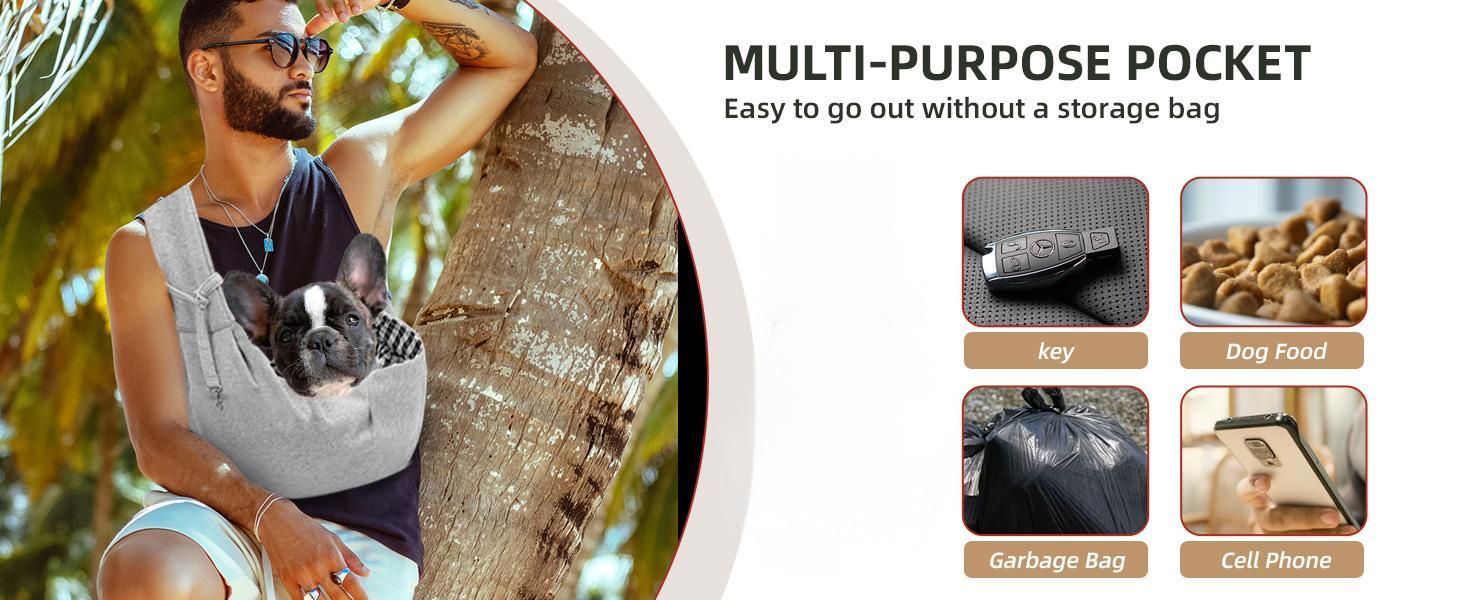 Small Dog Sling Carrier Soft-sided crossbody puppy carrying bag, adjustable sling pet pouch suitable for medium dogs or cats while traveling. Breathable design with built-in poop bag dispenser, supports up to 15 lbs