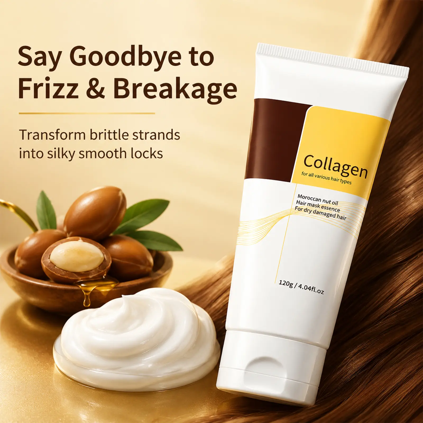 Collagen Moroccan Argan Oil Deep Repair Hair Mask, Deep Conditioning Hydrating Treatment for Dry Bleached Heat Damaged Hair, Anti-Frizz Smooth Split Ends Restore Silky Shiny Hair 120g