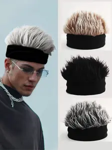 Men'S Hip-Hop Fashion Beanie with Faux Hair - Black Knit Skull Cap for Parties, Cosplay & Casual Wear, Stylish Skull Hat, Party Accessory, Modern Accessory, Durable Headgear