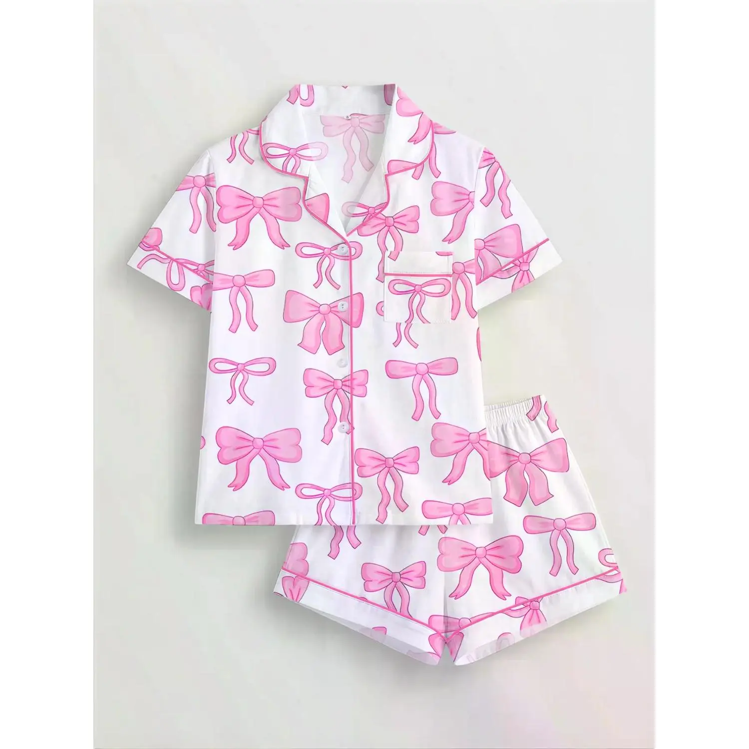 Women's Bowknot Print Sleepwear Set: Short Sleeve Button-Up Top & Elastic Shorts - All-Season Casual Loungewear Pajama Set