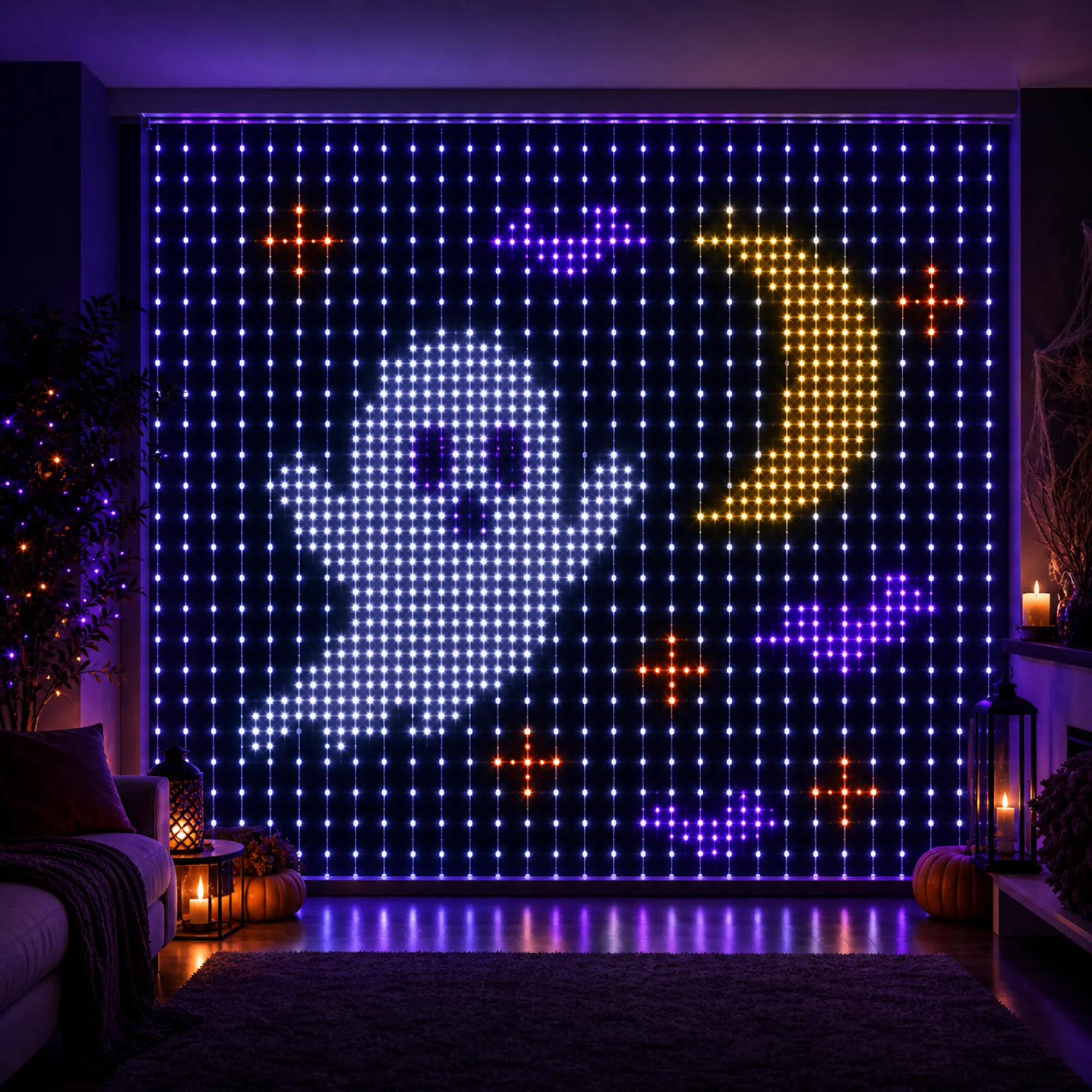 400 LED Spooky Halloween Curtain Lights - Smart RGB Color-Changing Window Lights with DIY Animated Patterns, App Control, Music Sync for Haunted House Decoration, Photo Backdrop, Wall Accent