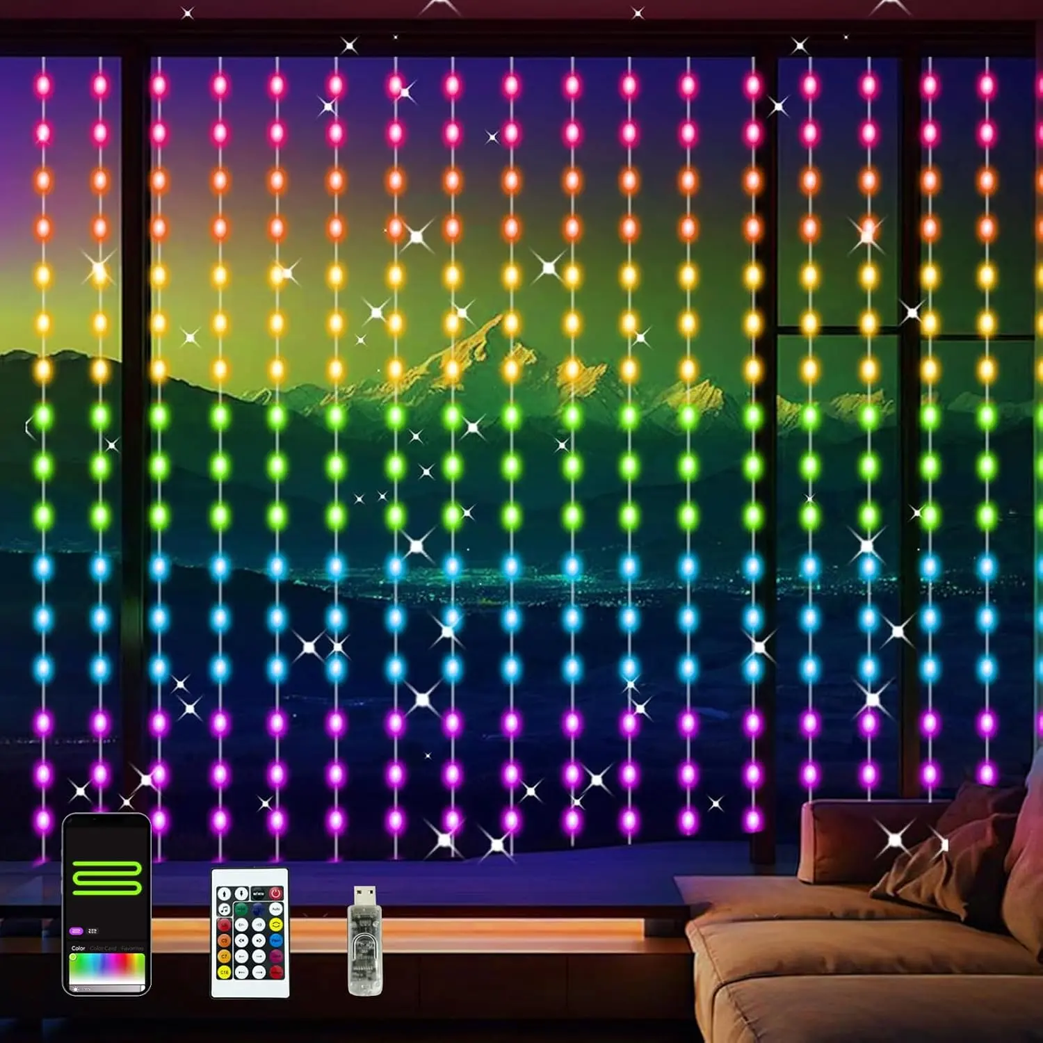 KBG Smart Curtain Lights RGB Color Changing Curtain Lights, USB Powered with Remote/APP Control Curtain String Lights Waterproof for Backdrop, Patio,Wedding, Bedroom Decoration (8Ft x 6Ft)