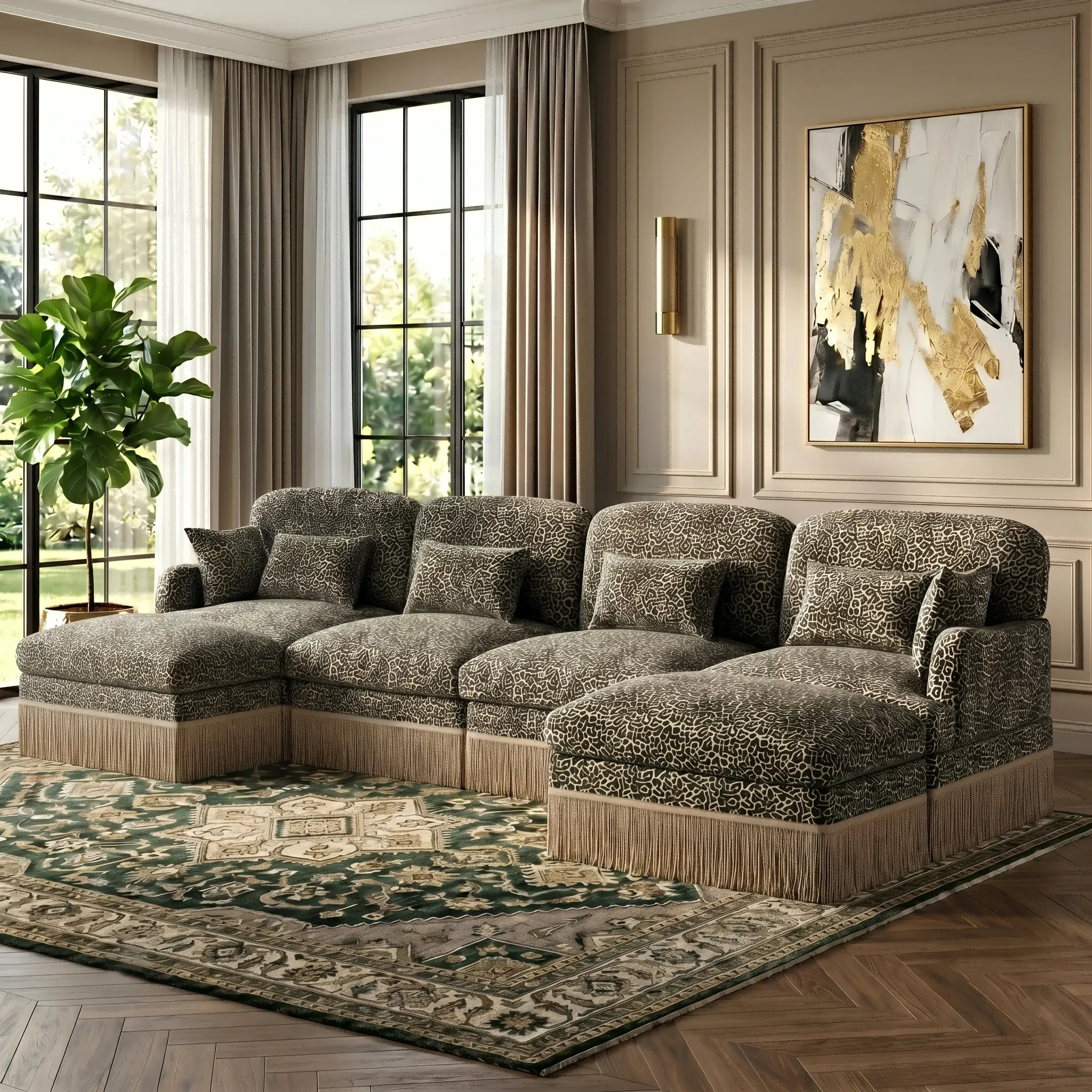 Eyisean 131.5-in Modern Modular U-Shaped Chenille Cloud Sectional Sofa - Durable Foam 3-4 People Comfy Deep Seat Indoor Couch, Leopard Print Conversation Set with Tassel Edge, Lumbar Pillow, Ottomans, Fixed Arms for Living Room