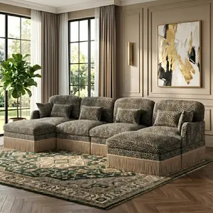Eyisean 131.5-in Modern Modular U-Shaped Sectional Couch, 4-Seater Chenille Fabric Upholstered Sofa with Leopard Print, Tassel Edge, Lumbar Pillow & Ottomans for Living Room