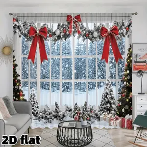 2D Flat 2Pcs Christmas Window Curtain Red Bow Snowy Scene Print Rod Pocket Design Semi Sheer Polyester Winter Holiday Theme Suitable for Living Room Bedroom Kitchen Party Home Decor Treatment Anti Privacy Window Decorations Supplies