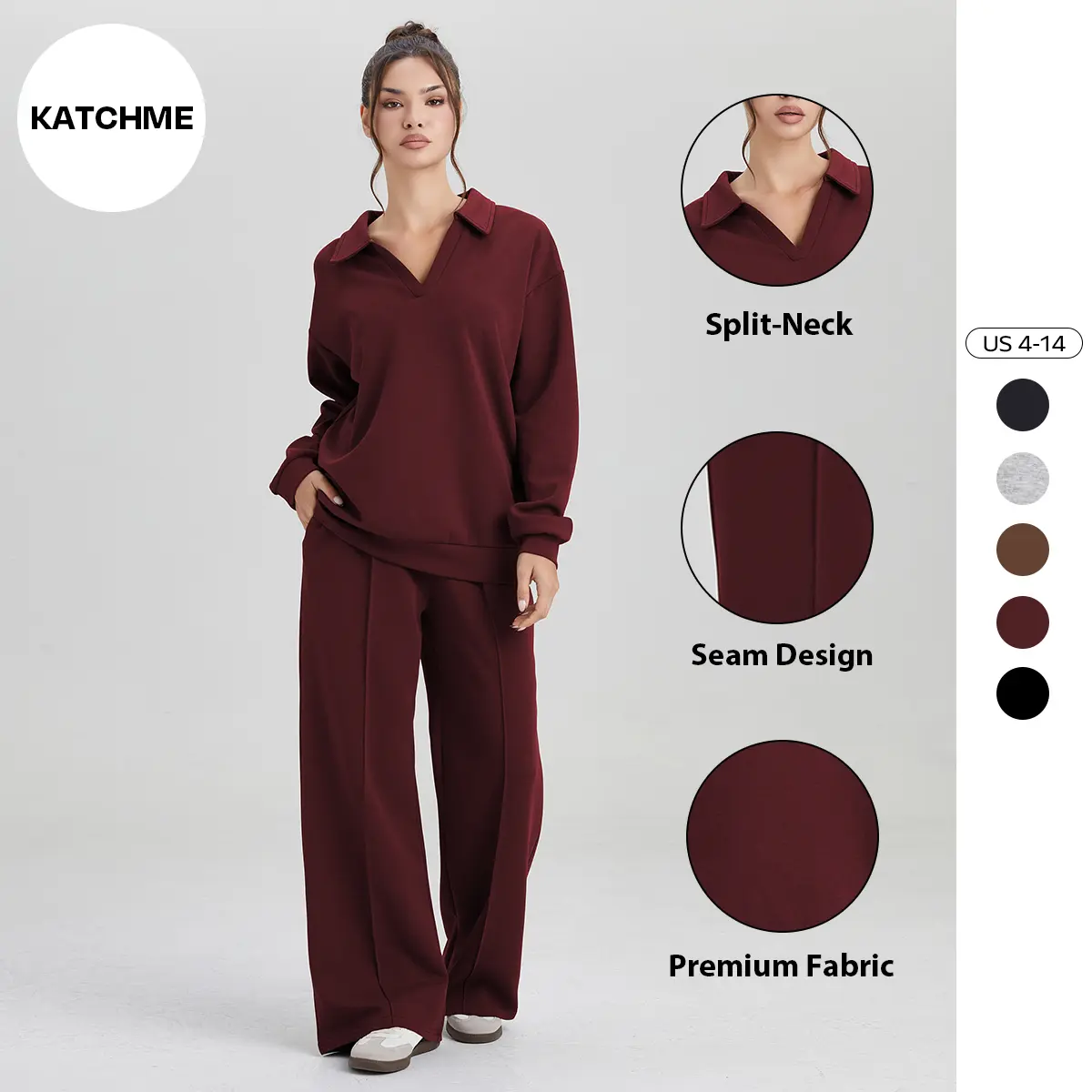 KatchMe Women's Minimalist Solid Color Split-Neck Sweatshirt & Wide Leg Trousers Co-ord, Soft Tracksuit, Basic Long Sleeve Top & Seam Sweatpants Set, Casual Womenswear