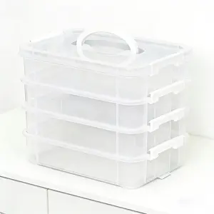 4 Layer Transparent Storage Box with Handle, Desktop Small Item Organizer, Clear Plastic Container for Desk Organization