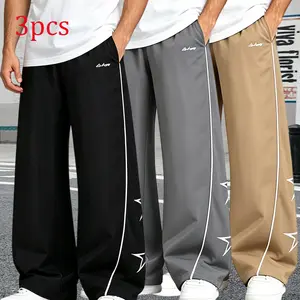 3-pack men’s loose sports pants; white long pants with side stripes; comfortable design; sporty casual style; athletic leggings; fashionable and versatile; all-season; autumn men’s set; fitness sportswear. Breathable Sweatpants