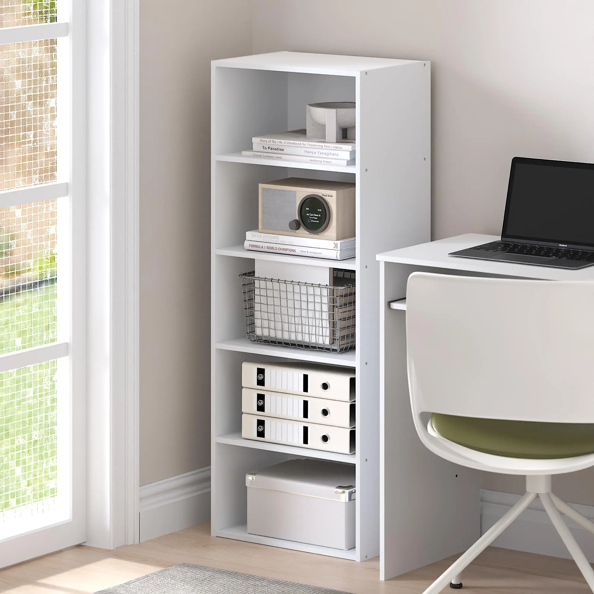 White 5-Tier Open Cube Bookshelf - Sturdy Space-Saving Indoor Storage Shelf, 11.4(d)x16.6(w)x43.7(h) in, Assembly Required, Compatible with Book Accessories for Living Room, Home Office