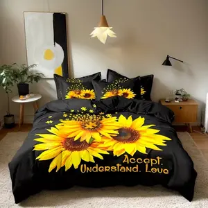 3-Piece Fashion Down Comforter Set, Sunflower Print Bedding Ensemble with Zipper, Soft and Cozy Duvet Cover, Bedroom Guest Room Dorm Decor