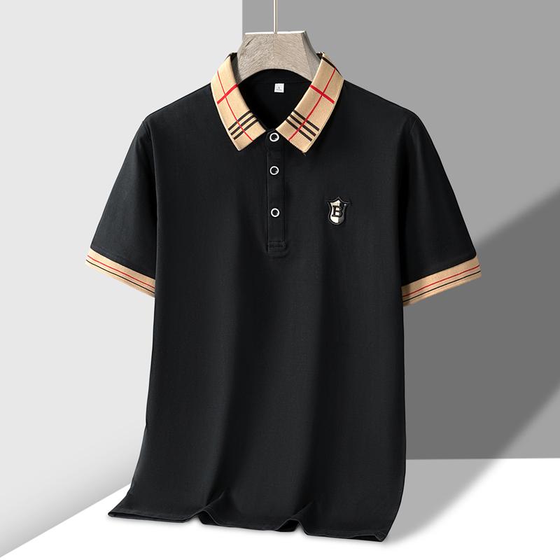 1 piece men’s casual multifunctional short-sleeve polo shirt with letter embroidery; classic plaid striped color-block men’s polo shirt