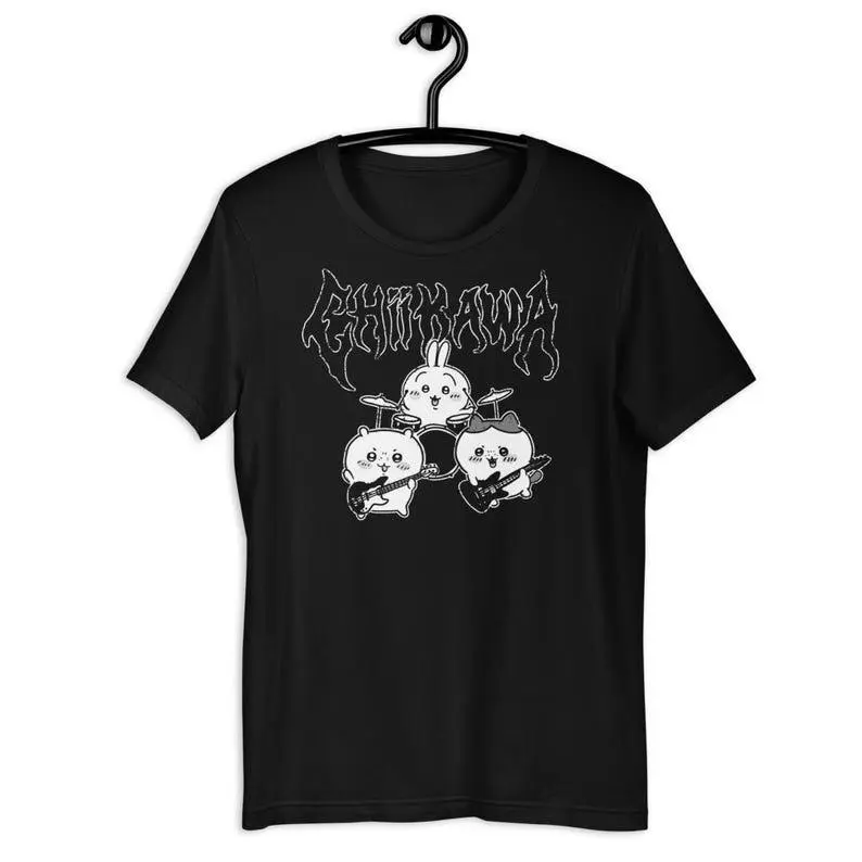 Chiikawa Graphic T-Shirt, Metal Style Cotton Tops with Usagi & Hachiware Print, Breathable Short-Sleeve Classic Fit, Menswear, Casual Wear, Breathable Fabric