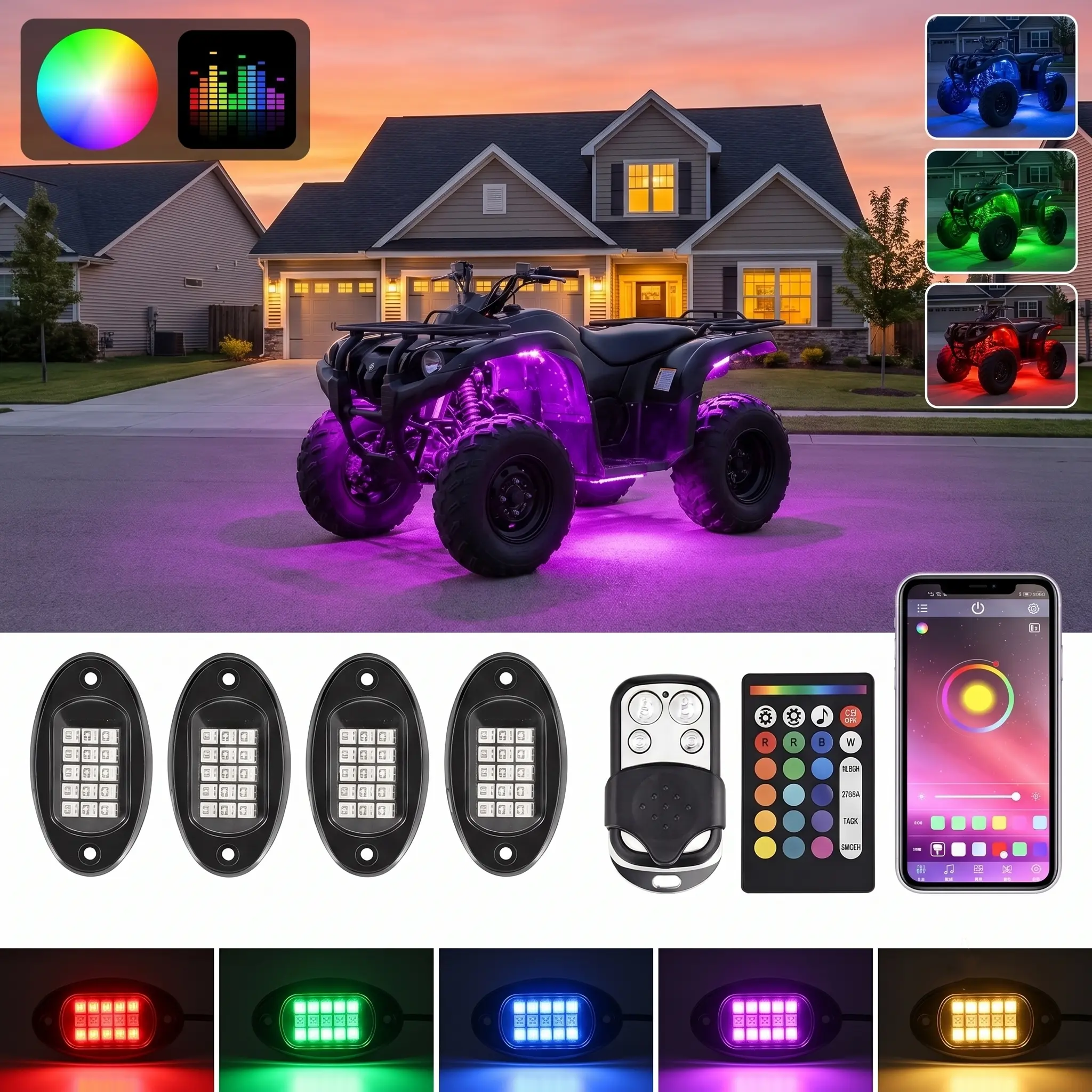4-Pod RGB LED Rock Lights for ATV/UTV Trucks, 12V DC Waterproof Car Lighting Kit with App Bluetooth Control, Music Mode, Silicone Body, 4-Key & 24-Key Remotes, Brake Warning Effect, Dimming Function, 4Pods+Brake