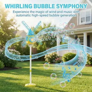 Kids windmill bubble machine 3+. Music LED lights, adjustable height, auto bubbles. 50ML solution makes 500ml. 4 AA batteries needed. Indoor outdoor party & festival gift.