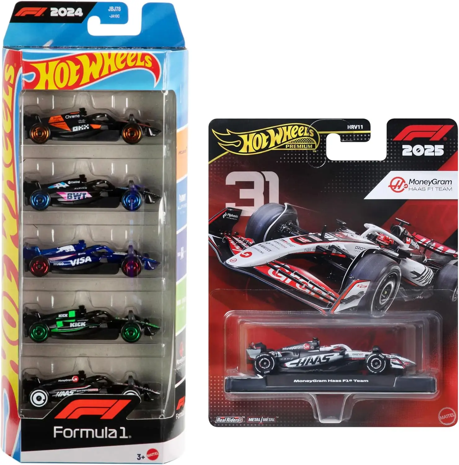 Hot Wheels Premium F1 Die-Cast Cars, 2024 5-Pack and 2025 MoneyGram Haas F1 Team #31
