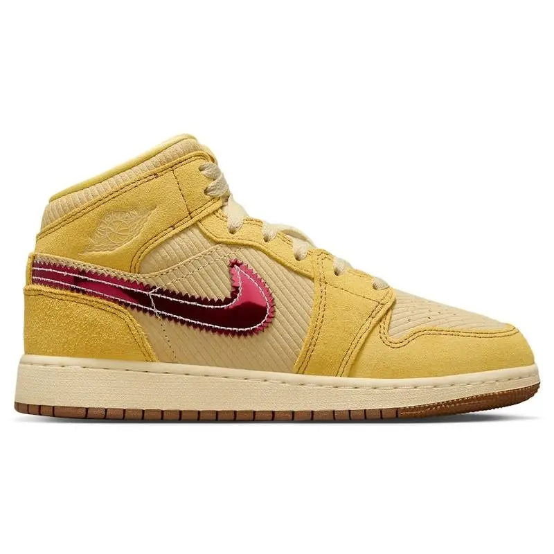Air Jordan 1 Mid SE “French Fries” GS Sneakers – Kids Grade School Retro Basketball Shoes with Leather Upper, Crinkle Swoosh Details, Nike Air Cushioning, and Rubber Outsole for Everyday Comfort and Streetwear Style