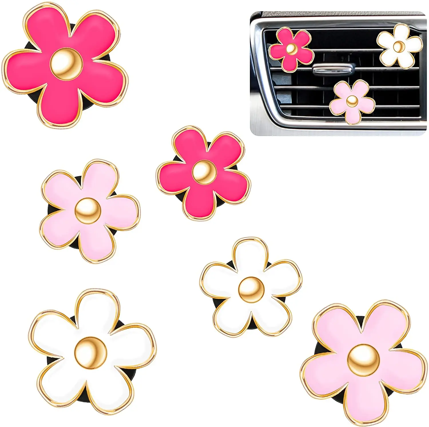 6 Pcs Daisy Flower Air Vent Clip Accessories Air Conditioning Outlet Clip Car Air Freshener Dashboard Accessories Charm Car Inter Decor(3 Cm, 3.3 Cm,Red, Pink, White)