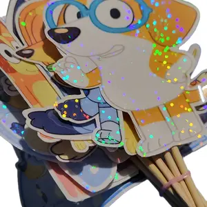 CupCake Toppers 12 Pack 2.50" × 2.00"  DECOR Adorable Cartoon Characters with Sparkling Accents Holographic Cover for Kids' Parties and Celebrations Shiny Ornaments Set