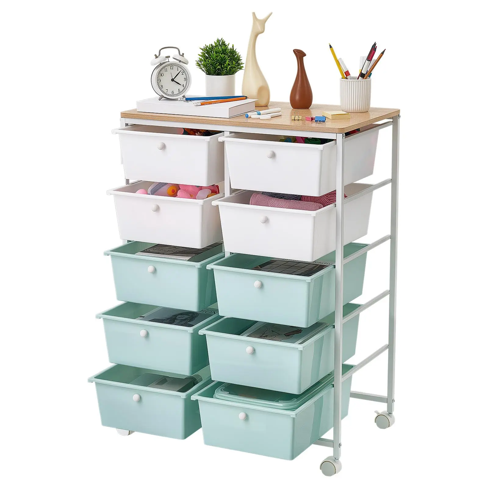 VEVOR 10-Drawer Rolling Organiser Cart, Double Row Layout with Smooth Slides, Wood Top Steel Frame, Universal Casters with Brakes, Space-Saving Stable Design, 15 lbs Load Capacity, for Office Craft Room, Blue White, Racks for Storage