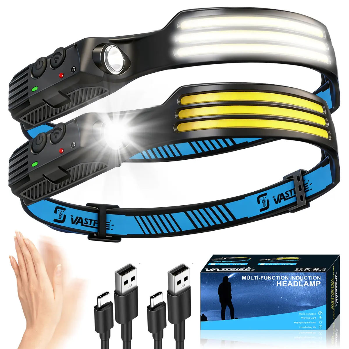 Rechargeable LED Headlamp, USB Rechargeable Flashlight with 230° Wide Beam, Motion Sensor, 5 Modes, 1200mAh Type-C Port,  Outdoor Gadgets for for Fishing, Hiking, Camping, Flashlights, Camping Essentials, Camping Accessories Gifts Adults