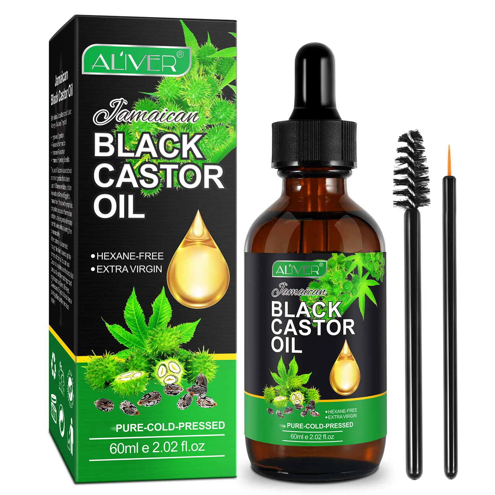 Aliver Organic Jamaican Black Castor Oil, 60ml/120ml Cold Pressed Body & Massage Oil for Adults - Anti-Aging Body Care Moisturizer, External Use Nourishing Cosmetic Hydrating Solution