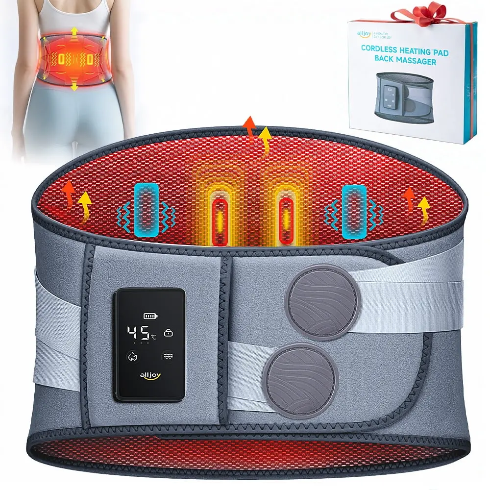 Alljoy Adjustable Cordless Heated Lumbar Brace, Breathable Back Support Belt with 3 Heat Levels, Graphene Therapy & 5 Vibration Modes for Low Back Pain Relief, Tight Muscles Relief & Pain Management Solutions, Daily, Breathable Lumbar Brace, Lower Back, T