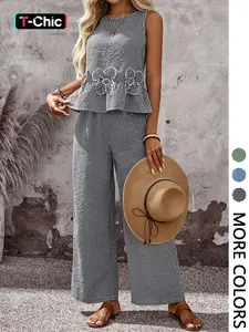 Women's Summer Vacation Casual Sleeveless Floral Top and Loose Pants Set, Plaid, 2 Piece, Womenswear, Comfortable and Stylish