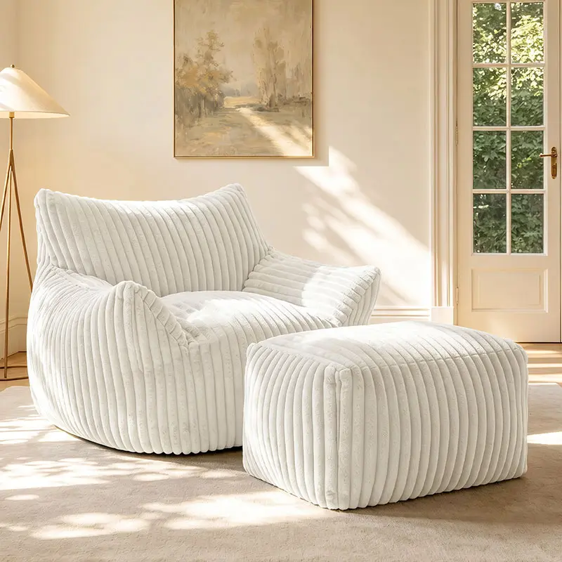 【Summer Special $129.99】Modern Plush Corduroy Cloud Bean Bag Chaise Lounge with Footstool, Pre-Assembled Single Floor Lounge Chair, Support Armrest & 400lbs Weight Capacity, Ergonomic Bean Bag Sofa for Living Space Dorm