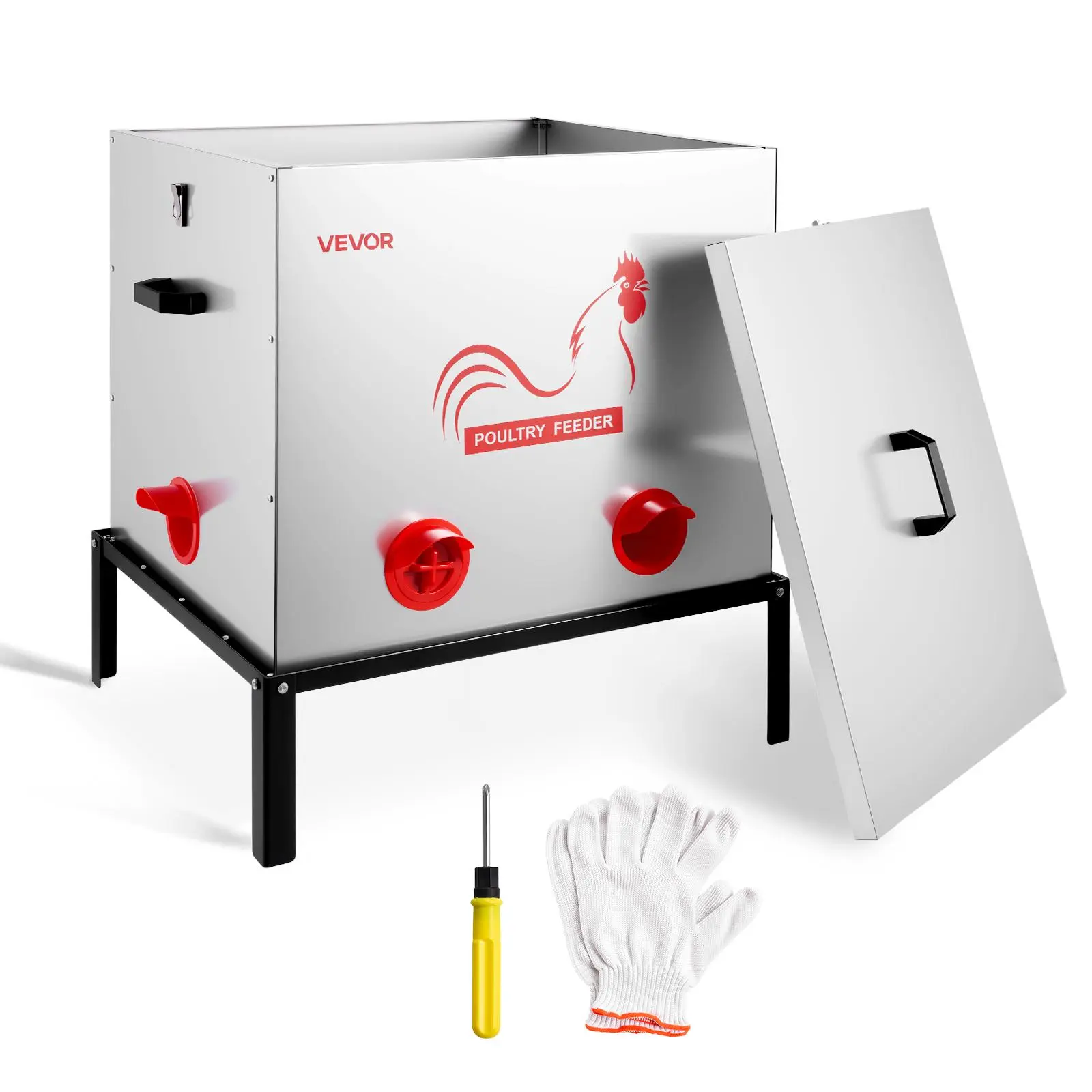 【SummerFinds】VEVOR Automatic Chicken Feeder, 85 lbs Capacity, 6 Feeding Ports No-Waste Poultry Feeder with Built-In Divider, with Latch & Handle, Metal Construction, for Chickens Bantams Pheasants Poultry Coop