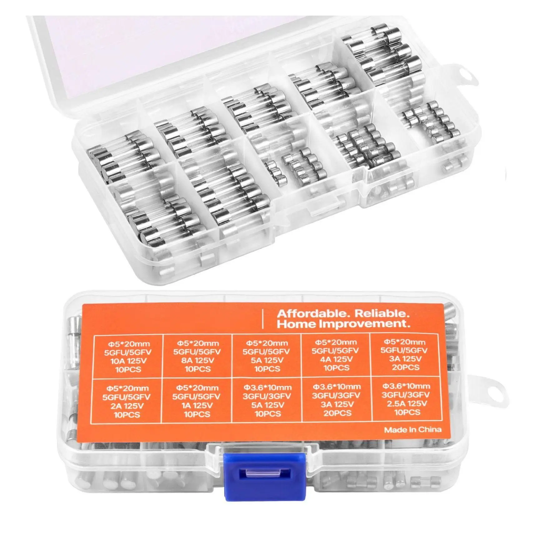 Glass Fuse Kit 120 Pcs, 5x20mm & 3.6x10mm Fast-Blow Fuses, 125V 1A-10A, for Electronics, LED Lights, Appliances, Electrical Repair Default