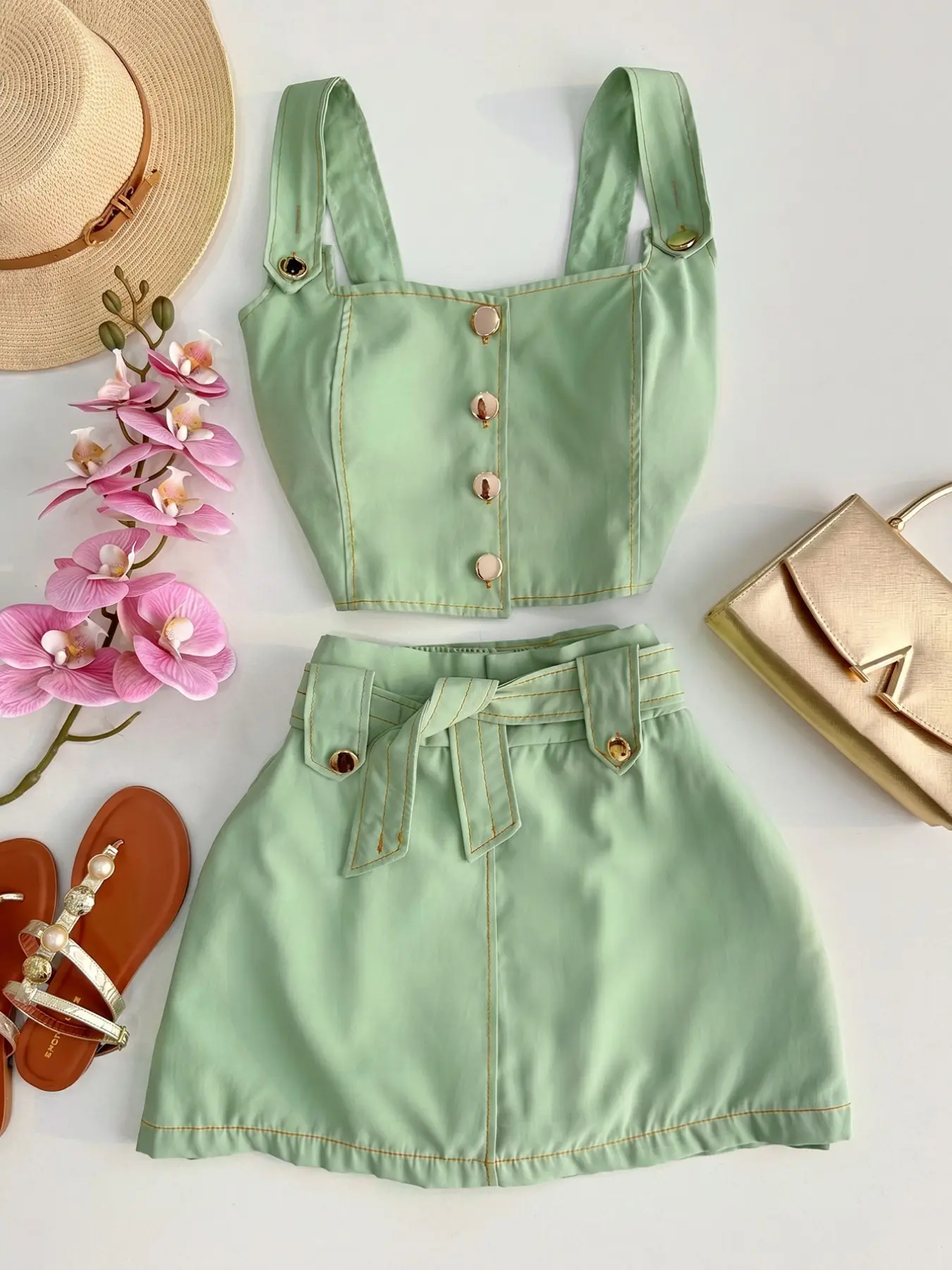 Spring Summer Elegant Halter Top Button + High Waist A-Line Skirt Set, Casual Slim-Fitting Vest, Light Mature Style Women's