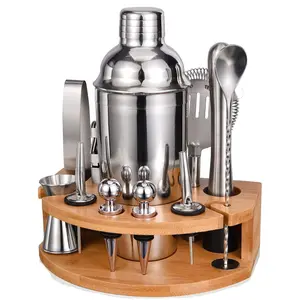 12PCS Bartender Kit With Bamboo Stand, 25oz Cocktail Shaker Set, Professional Bar Tools With Martini Shaker, Jigger, Strainer, Spoon, Muddler & Pourer, Complete Home Bar Mixology Set