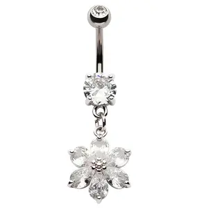 Flower Pear CZ Dangle Stainless Steel Belly Button Ring