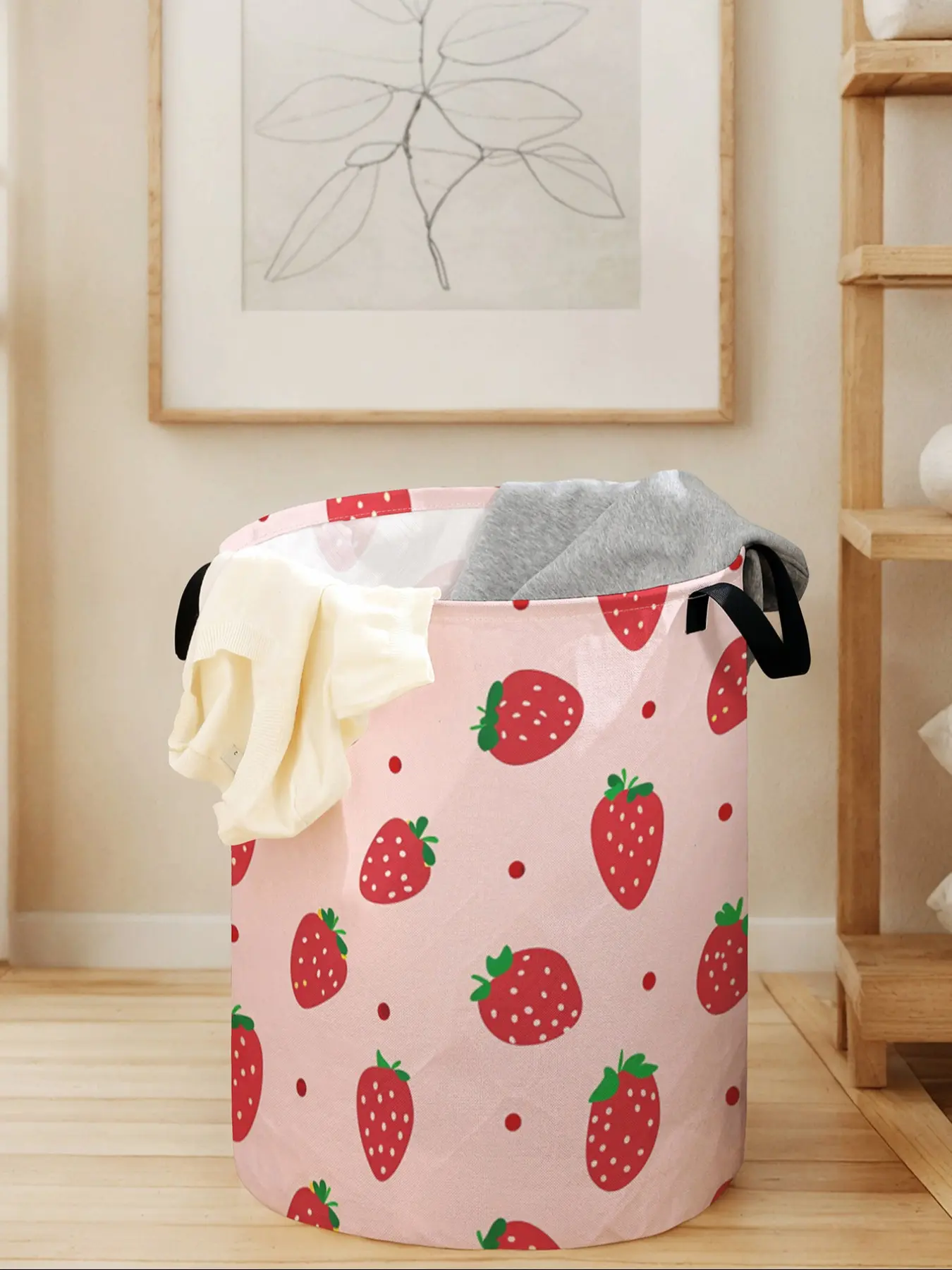 Strawberry Print Laundry Basket with Handle, Durable Foldable Clothes Storage Bin, Large Capacity Toy Organizer for All Seasons, Fabric Storage Basket