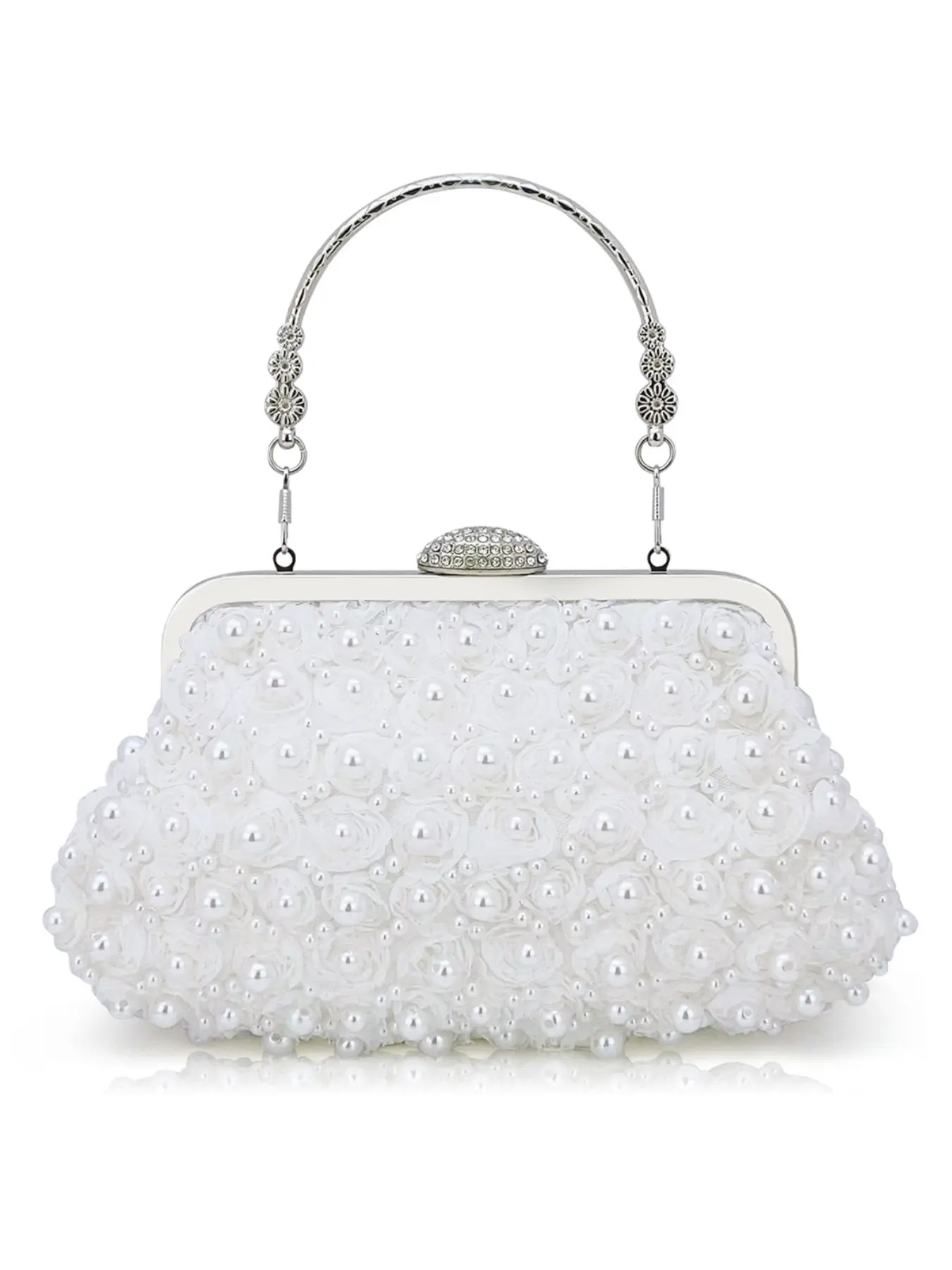 Faux Pearls Flower Handbag for Women, Stylish Handbag, Elegant Evening Bag, Bling Evening Bag, Wedding Handbag, Rhinestone Decor Top Handle Handbag, Detachable Chain, Perfect for Special Occasions, Gifts for Her