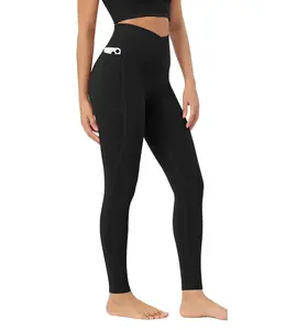 ODODOS Women's Cloud Feeling Crossover High-Waist 7/8 Leggings with Pockets, 25"/28" Gym Yoga Pants for Lounge & Yoga, High Waist Legging Sportswear Bottoms
