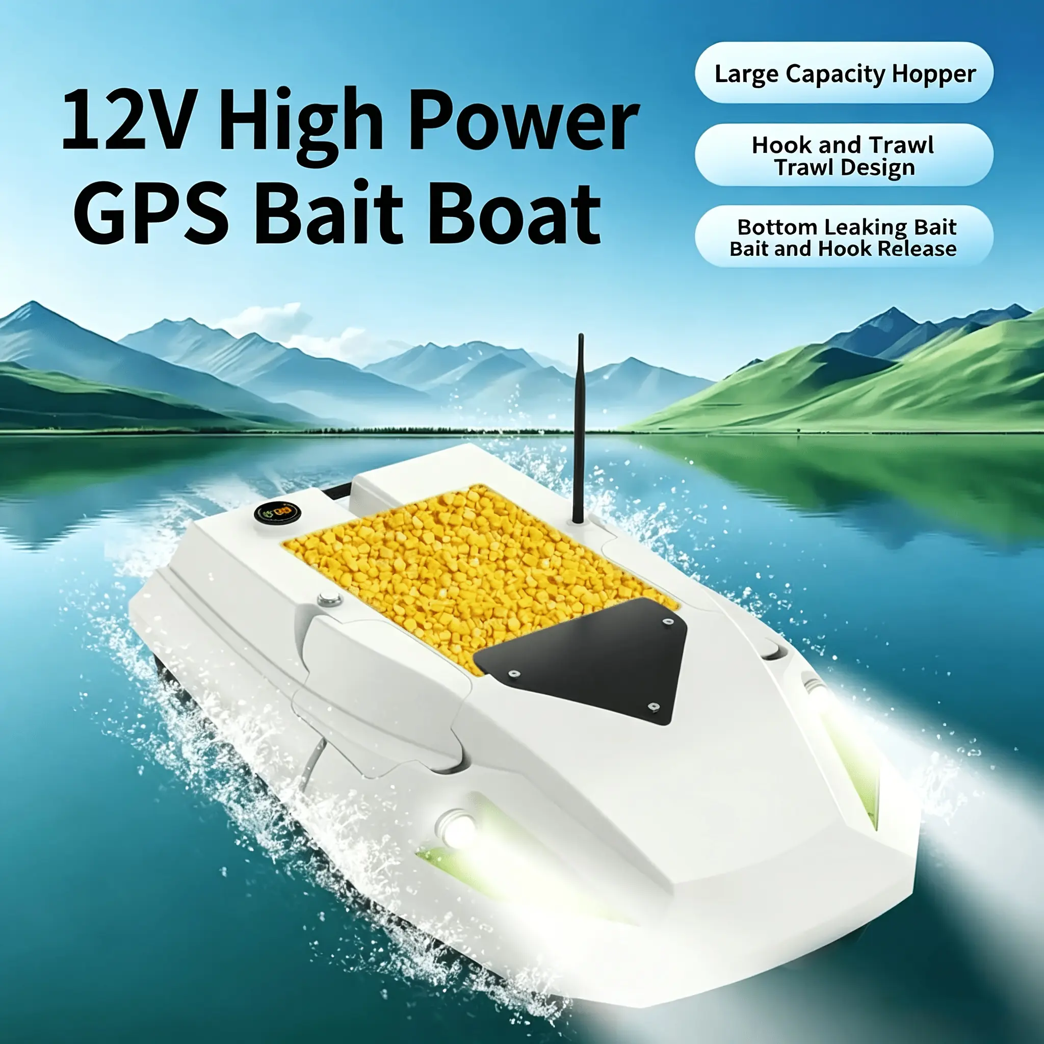 12V Powered GPS Fishing Bait RC Boat - Durable Vessel with GPS+Beidou Dual GPS Positioning, 4.41LB Large Capacity Hopper, 1-Key Return Function
