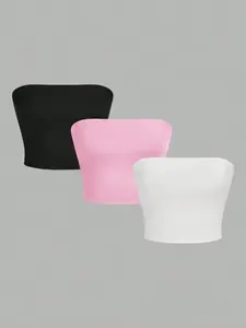 Women's Simple Solid Color Fit Crop Tube Top, Casual Minimalist Basic Sleeveless Strapless Cropped Tops for Summer, Ladies Clothes for Daily Wear